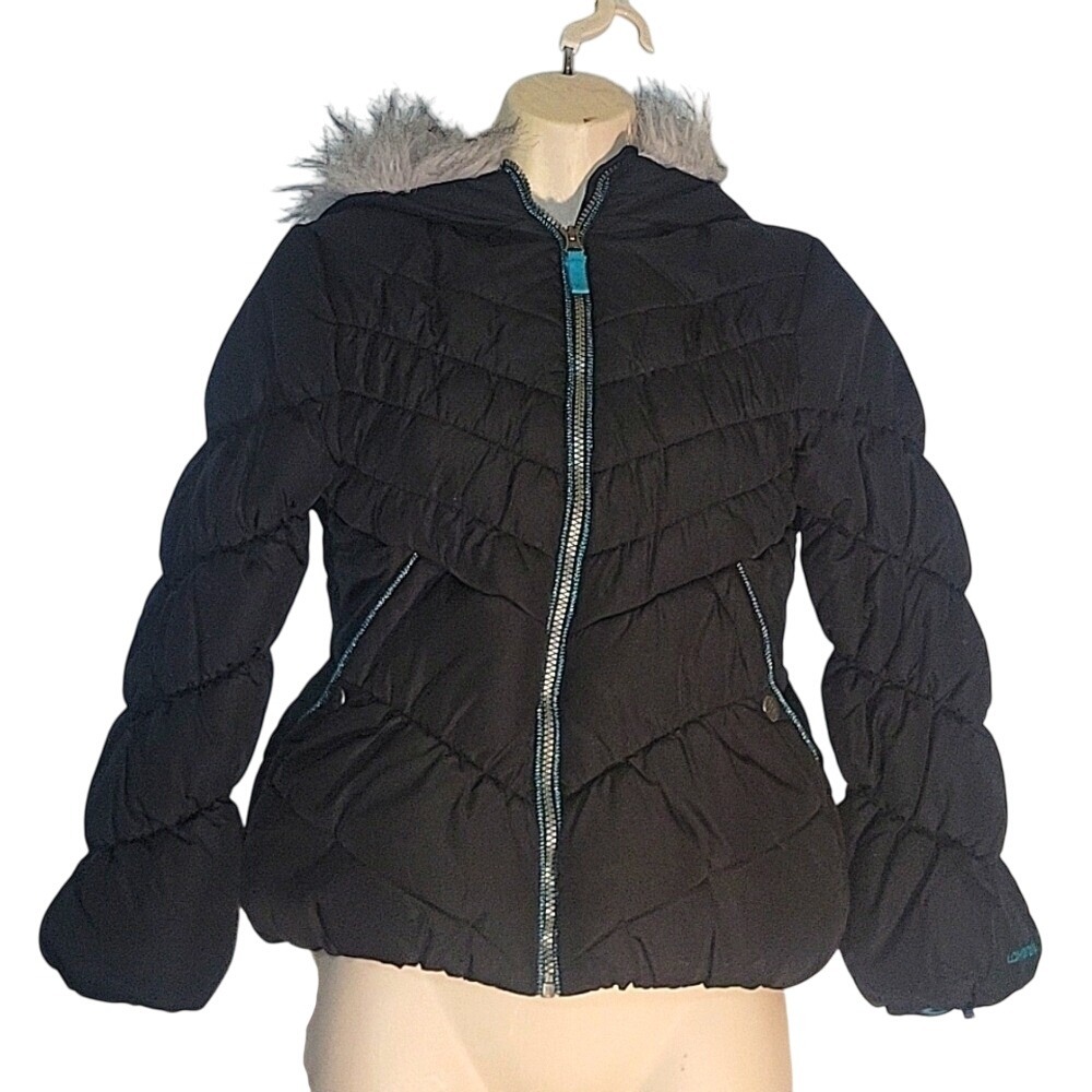 LONDON FOG Puffer Jacket Quilted Padded‎ Coat Faux Fur Trim Hooded Black 10/12